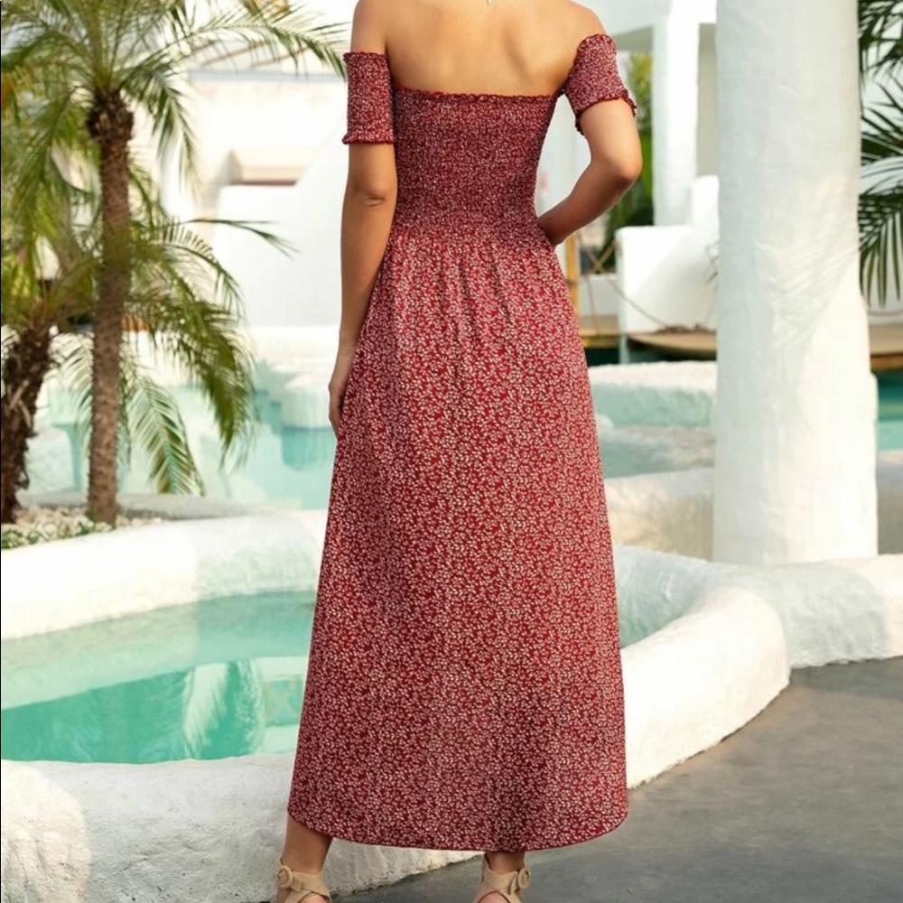 Boho gypsy hi low off shoulder maxi dress red - Picture 2 of 11